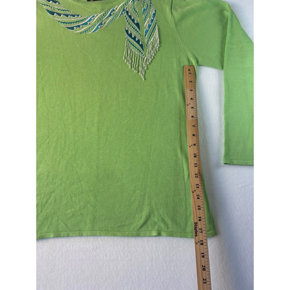 Bob Mackie Wearable Art Lime Green Beaded Feather Fringe Knit Sweater Womens L - Picture 8 of 10